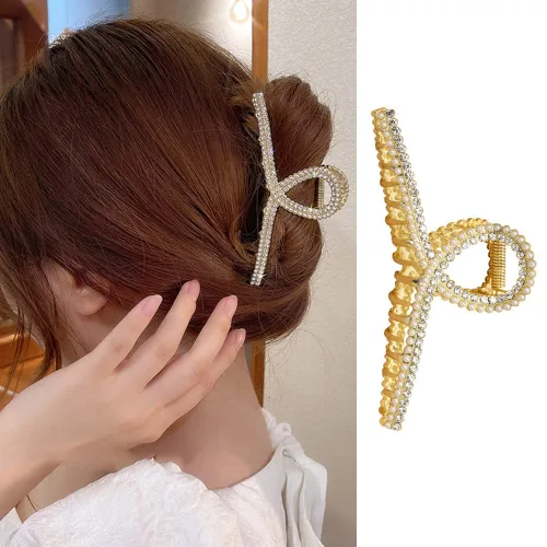 Vista 11 de Pinzas de metal grandes para el cabello con diseño de lazo negro y perlas blancas, pinzas antideslizantes para mujeres y niñas, agarre fuerte