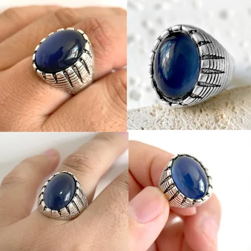 Vista 3 de THJEW Juego de 4 anillos de piedras preciosas naturales retro, juego de anillos de piedra real chapados en plata gruesa, regalo de joyería