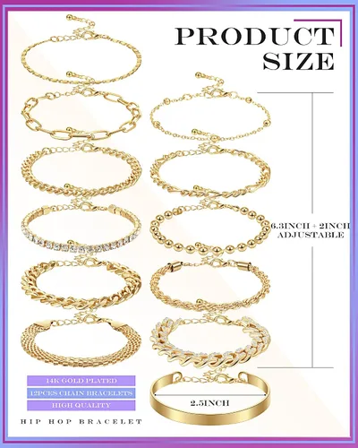 Vista 2 de Juego de 12 pulseras de oro delicadas para mujer, ajustables, chapadas en oro de 14 quilates, joyería de oro punk, pulseras de cuentas de moda