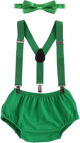 Vista 27 de Conjunto de ropa para festejar el primer cumpleaños de bebés, calzón pañalero con tirantes y corbata de moño. Beige & Blue
