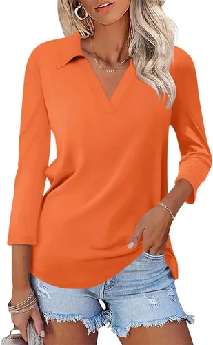 Vista 7 de TICTICMISS - Camisas polo de cuello en V para mujer, manga 3/4, con cuello, tops casuales de negocios, tops de verano a la moda, holgados