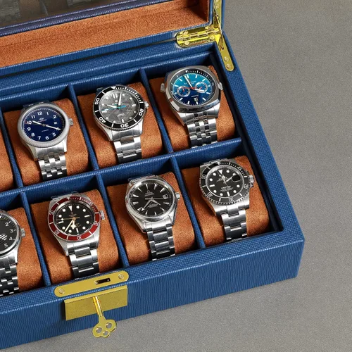 Vista 4 de ROTHWELL Caja de reloj de cuero con 10 ranuras, organizador de joyas de lujo, soporte para reloj con tapa de cristal grande, organizador de caja