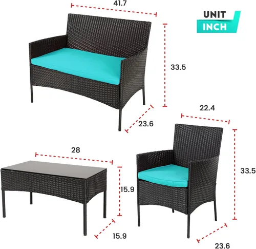 Vista 8 de Juego de 4 muebles modulares para exteriores, juego de muebles de mimbre resistentes al agua con 3 sillas de ratán, 1 cojín de mesa con tapa