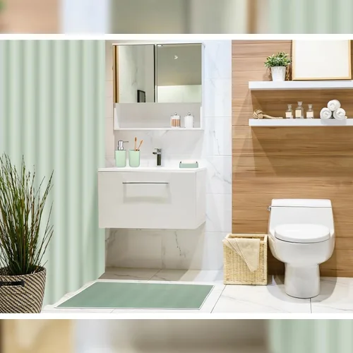 Vista 5 de Hosuly Juego de 9 piezas de accesorios de baño para cortina de ducha y 12 ganchos, dispensador de jabón, jabonera, tapete de baño antideslizante