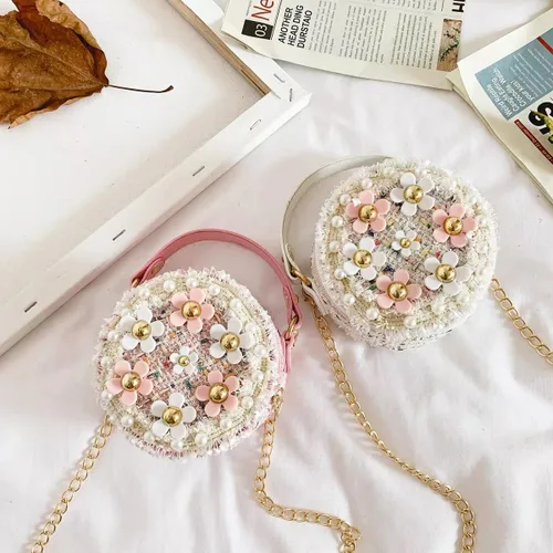 Vista 6 de sveter Bolso para niños para niñas, lindo bolso cruzado de flores para niños, juego de regalo de joyería de vestir de 3 piezas, Rosado, Casual