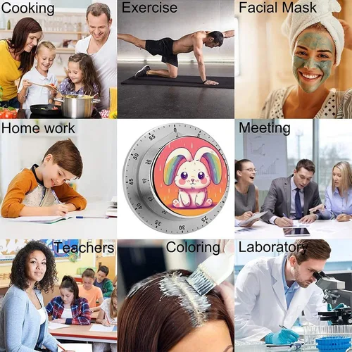 Vista 5 de Conejo con orejas de arco iris, temporizador mecánico de cocina para cocinar 60 minutos con respaldo magnético, alarma fuerte, temporizador