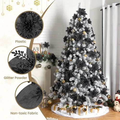 Vista 3 de Alupssuc 24 PCS Flores de Pascua Navideñas Negras Artificiales con Purpurina, Decoraciones Navideñas para Árbol, Corona, Chimenea, Flores de Pascua