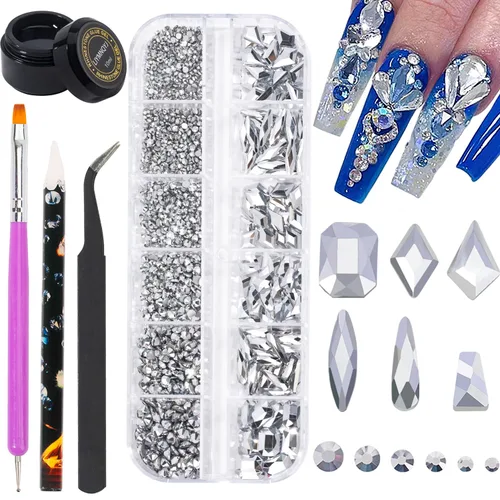 Vista 9 de Kit de diamantes de imitación para uñas, 1500 piezas de diamantes de imitación redondos con parte trasera plana, gemas de uñas AB multiformas, 0.3