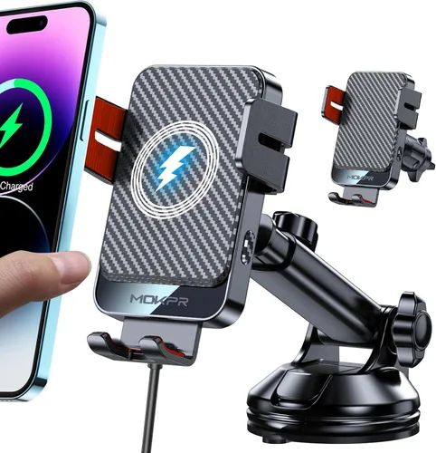 Vista 8 de Cargador inalámbrico para automóvil, MOKPR 15W carga rápida con sujeción automática, soporte de cargador para automóvil manos libres para tablero