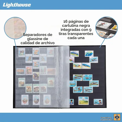 Vista 3 de LIGHTHOUSE - Libro de libros de tapa dura "BASIC" para sellos, 16 páginas de cartulina negra de 9 x 12 pulgadas (A4) con tiras transparentes