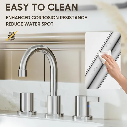 Vista 6 de Phiestina Grifo de baño cromado extendido de 8 pulgadas con 3 orificios, grifo de tocador de baño de 2 manijas con desagüe emergente de metal