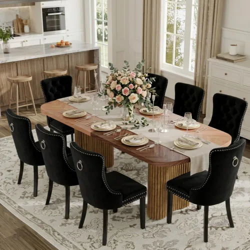 Vista 28 de Mesa de comedor extra larga de 78.7 pulgadas para 6-10 personas, mesa de cocina moderna con bases estriadas, mesa de comedor rectangular de granja
