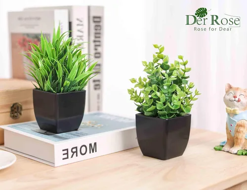 Vista 4 de Der Rose Paquete de 2 plantas falsas y 2 paquetes de plantas falsas, pequeñas plantas artificiales en maceta para habitación, hogar, oficina, casa