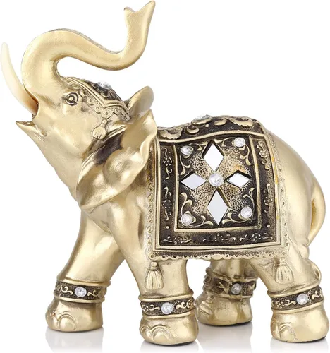 Vista 10 de Elegante estatua dorada de elefante, escultura respetuosa con el medio ambiente, fortuna para regalos de decoración del hogar (9 x 9)