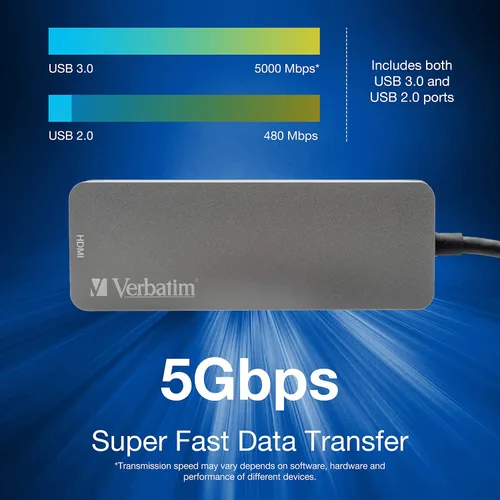 Vista 7 de Verbatim - Adaptador 4 en 1 USB C Hub con 4K HDMI, 60W Power Delivery, USB 3.0, USB 2.0 para portátiles USB C