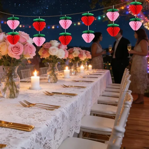 Vista 5 de BEISHIDA Bolas de panal de papel de fresa de 6 pulgadas, color rojo y rosa, decoración de mesa de fresas para mesas, decoración colgante de mesa
