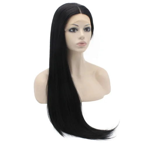Vista 3 de Mxangel - Peluca de cabello sintético largo y lacio con encaje frontal, color negro, natural atado a mano, resistente al calor