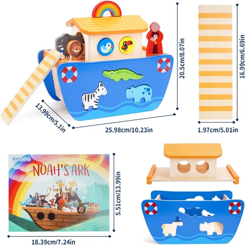Vista 4 de KMTJT Juego de animales de juguete de madera del arca de Noé para niños pequeños, regalos de bautismo para niños de 1, 2, 3, clasificador de formas