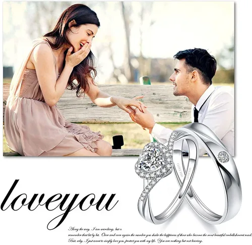 Vista 2 de Sunamy Endless Love - Juego de anillos de pareja a juego para él y ella, diseño de corazón romántico de plata S925, anillo de compromiso