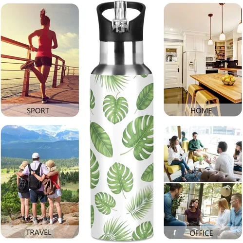 Vista 5 de Green Tropical Leaves Insulated Water Bottle 32 Oz, BPA-Free Sport Water Bottle Insulated Leakproof Water Bottles