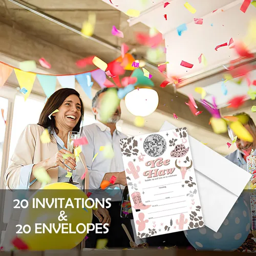 Vista 4 de 20 juegos de invitaciones para fiesta de cumpleaños de vaquera Yee Haw con sobres, bola disco occidental de doble cara impresa, tarjetas