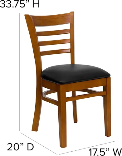 Vista 2 de EMMA + OLIVER Silla de madera de cerezo con respaldo de escalera, asiento de vinilo negro