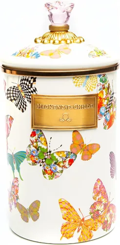 Vista 8 de MACKENZIE-CHILDS Bote de Esmalte, Contenedor de Almacenamiento de Cocina con Tapa, Grande, Wild Rose Brown Hand-applied design, made from enameled