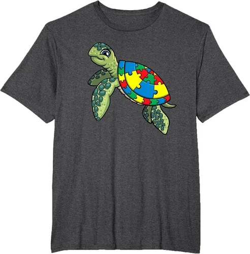 Vista 64 de Turtle Puzzle Pieces for Autism Awareness Kids Women Teacher T-Shirt Asphalt Grey
