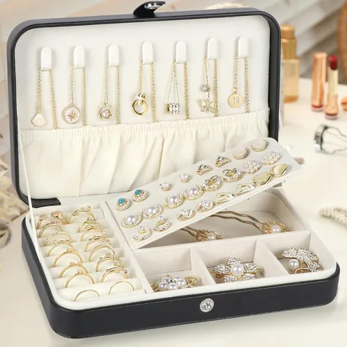 Vista 3 de Hatori Joyero de viaje para mujer, portátil, de piel sintética, organizador de joyas para collares, aretes, anillos, pulseras, pequeños regalos
