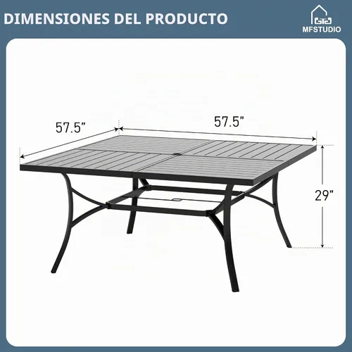 Vista 2 de MFSTUDIO Mesa de comedor al aire libre cuadrada de 60" de metal, mesa grande de patio con 8 plazas y agujero ajustable para sombrilla para terraza