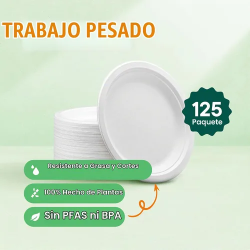 Vista 2 de Stack Man Platos de papel pequeños 100% compostables de 7 pulgadas, resistentes [paquete de 125] Platos desechables ecológicos de bagazo blanco