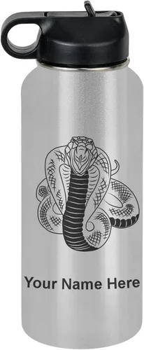 Vista 76 de LaserGram Botella de agua personalizada, serpiente de cobra, acero inoxidable de doble pared aislada al vacío con popote superior, regalo grabado