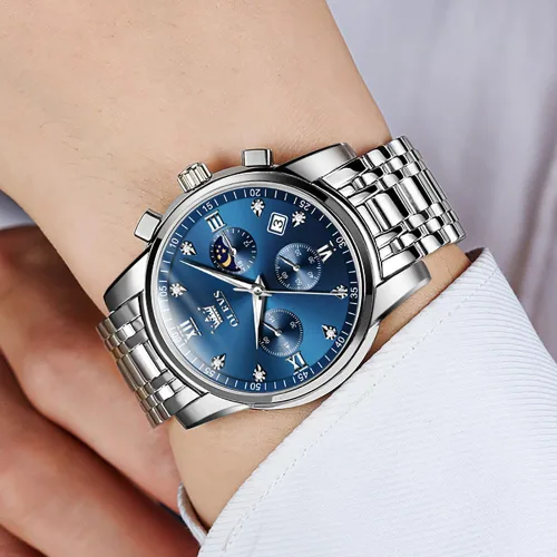 Vista 8 de OLEVS Watch for Men Diamond Business Dress Analog Quartz Stainless Steel Waterproof Luminous Date Two Tone Luxury Casual Wrist Watch Blue