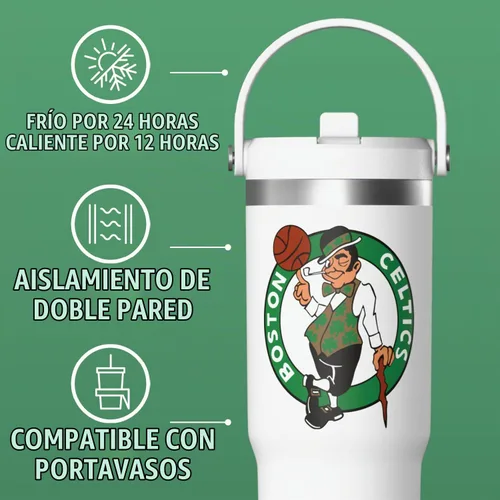 Vista 4 de Hydrapeak Boston Celtics Nomad - Botella de agua aislada de acero inoxidable a prueba de fugas con asa de agarre flexible y tapa de pajilla, edición