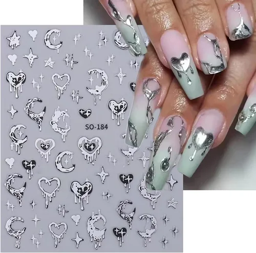Vista 2 de Calcomanías líquidas para arte de uñas, diseño de mariposa, negro, plateado, mariposa, luna, 3D, autoadhesivas, suministros de arte de uñas