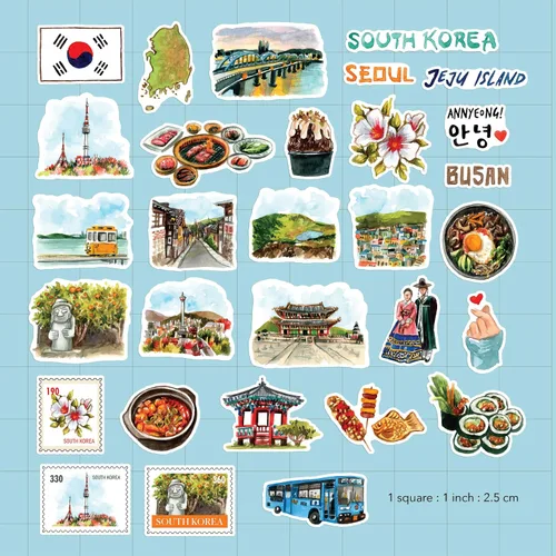 Vista 2 de Navy Peony Calcomanías de viaje escénicas de Corea del Sur (30 unidades), ilustradas a mano, Seúl, calcomanías coreanas para diarios, álbumes