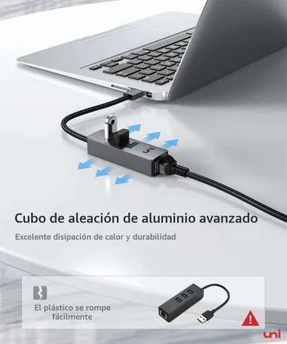 Vista 5 de uni Adaptador USB a Ethernet, concentrador USB 3.0 con 100/1000 Mbps RJ45 Ethernet sin controlador, resistente adaptador de red USB-A a LAN