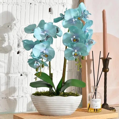 Vista 15 de Planta de orquídea artificial grande en maceta, arreglo floral de seda con jarrón de cerámica, morado oscuro
