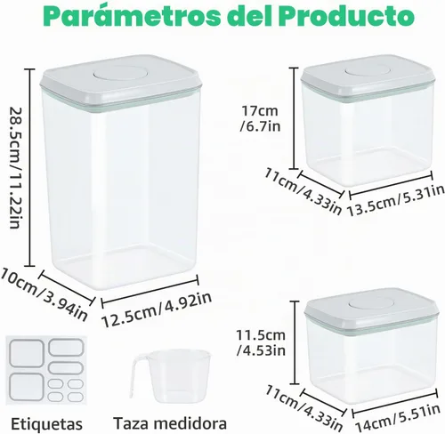 Vista 3 de Paquete de 3 recipientes de almacenamiento de harina y azúcar con tapa emergente, 1.26 cuartos + 2.11 cuartos de galón + 3.48 cuartos de galón