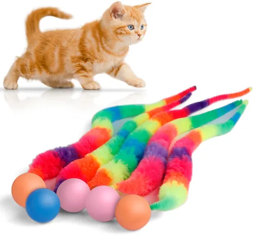 Vista 5 de Pelota hinchable con cola para gatos, 5 paquetes de gusano mágico grande con bola fluorescente de juguete para gatos, colorido gusano mullido