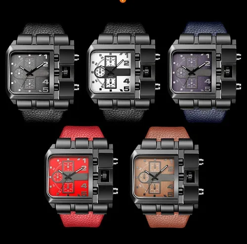 Vista 6 de Reginald Hip hop 53MM Men's Large Face Watch for Men Square Novel Face Dial Stainless Steel Quartz Leather Strap Watches