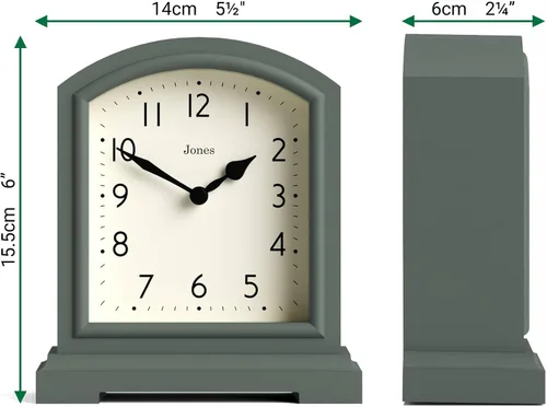 Vista 3 de JONES CLOCKS® Tavern - Reloj de repisa Diseño moderno de arco superior Verde espárragos Estilo clásico contemporáneo para escritorio, mesa
