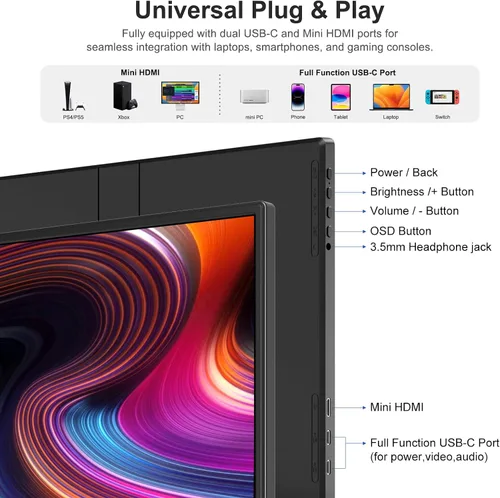 Vista 8 de Anyuse Monitor portátil FHD 1920 × 1200 de 14 pulgadas – USB-C HDMI ultrafina IPS pantalla de viaje con altavoces, HDR Plug & Play, brillo de 400