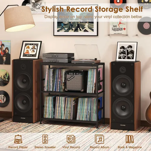 Vista 7 de Sonyabecca 3-Tier Record Player Stand with Adjustable Vinyl Storage, Black Vinyl Record Storage Up to 350 Albums, 4 Adjustable Dividers, Large