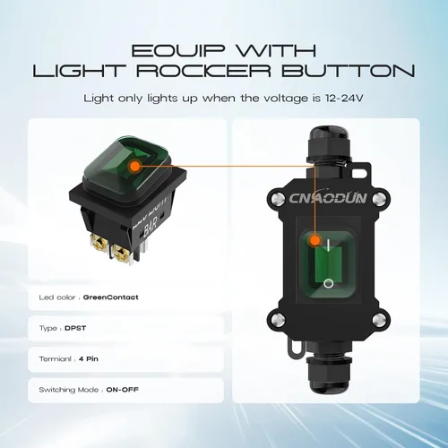 Vista 3 de Interruptor de línea impermeable, CNAODUN 12V DC 20A interruptor de palanca de encendido/apagado con botón basculante de luz verde DPST doble salida