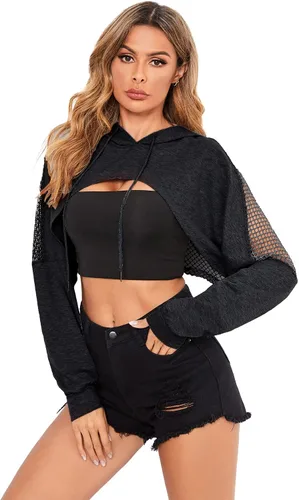 Vista 5 de Verdusa Sudadera corta con capucha y cordón para mujer con hombros caídos de red transparente