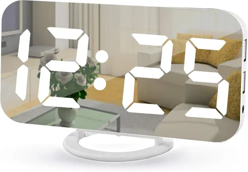 Vista 8 de Reloj despertador digital, relojes electrónicos con espejo LED de 7 pulgadas, con 2 puertos de carga USB, modo de suspensión, ajuste automático