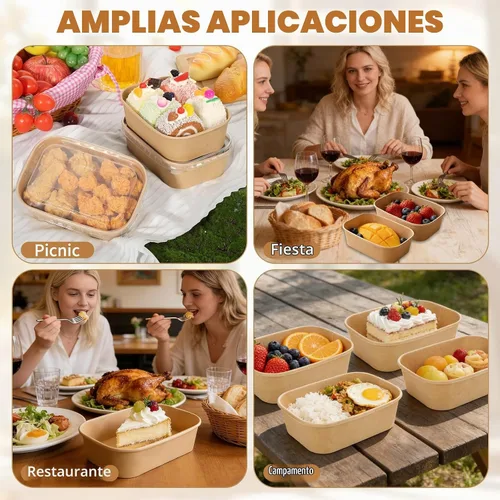 Vista 7 de Paquete de 50 cuencos desechables de papel kraft de 17 onzas con tapas, recipientes rectangulares de preparación de comidas a granel, ensaladera