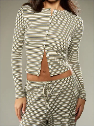 Vista 3 de SweatyRocks Conjunto de 2 piezas a rayas para mujer con botones y manga larga Varios