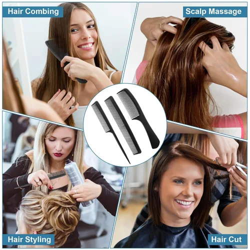 Vista 5 de Peine profesional de 3 piezas, juego de peine de fibra de carbono negro premium para cortar y peinar, peines de peluquería de dientes finos y anchos